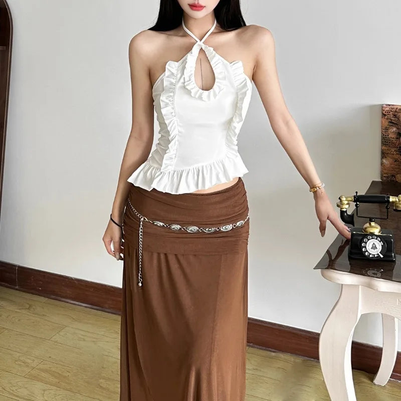 LIZAKOSHT  -  Fashion Elegant 2-Piece Set Women Cross Halter Hollow Ruffles Irregular Hem Vests+Folds Mesh Long Skirt Vacation Matching Suits