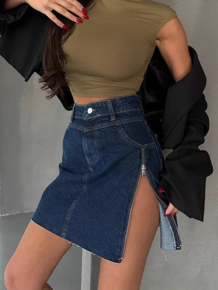 LIZAKOSHT  -  Women's Asymmetrical Zipper Denim Skirt High Waist A-Line Skirt Slim Fit Spring Summer Ladies Skirts