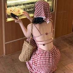 LIZAKOSHT  -  Sexy Backless Red Plaid Dress Women Summer Sweet Skinny Spaghetti Strap Dress Pretty Style Chic Elegant Party Night Vestidos