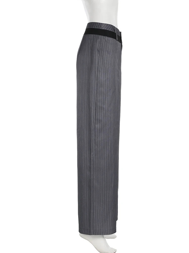 LIZAKOSHT  -  Elegant Fashion Striped Straight Pants Office Ladies Casual Loose Patchwork Wiede Leg Pants Women 2024 Summer Streetwear
