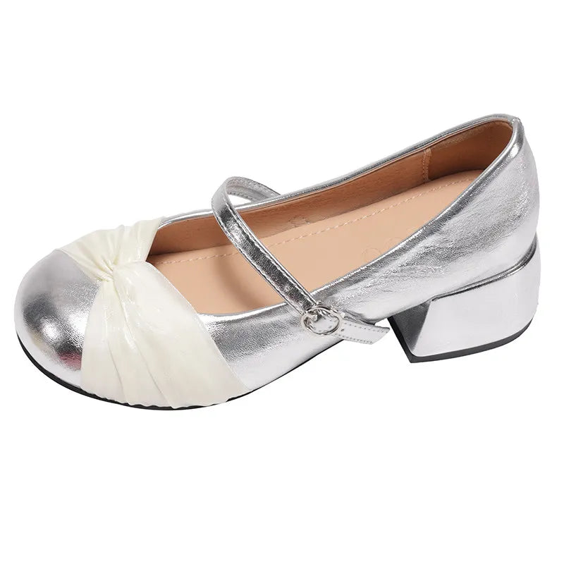 LIZAKOSHT  -  Women Mary Jane Shoes  Spring New Sweet Bow Thick Heels Shoes Ladies Silver Leather Pumps Female Casual Dress Party Shoes