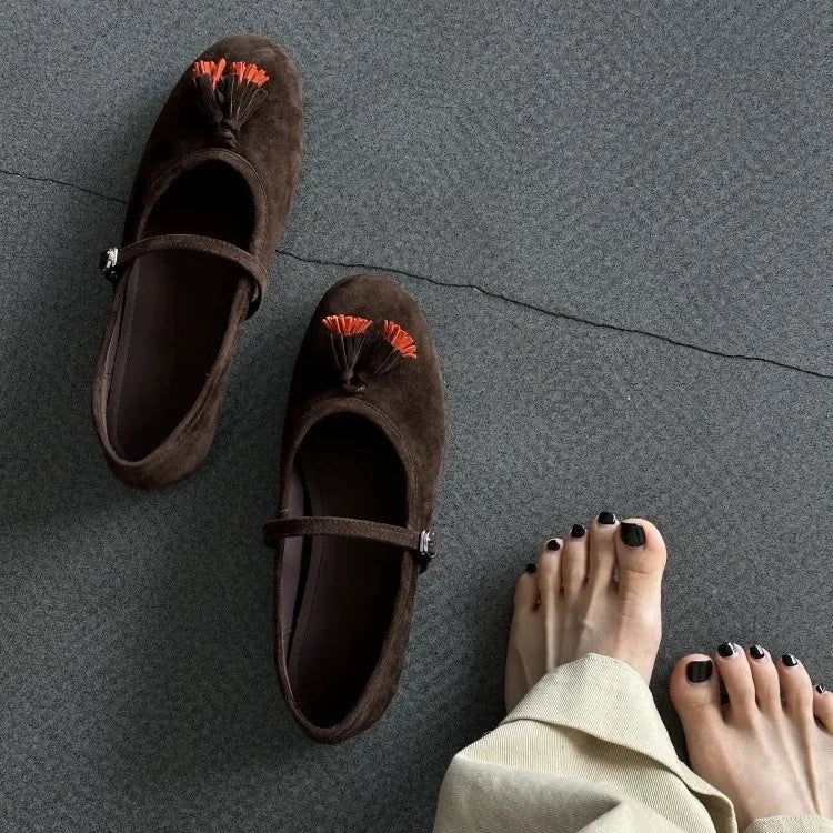 LIZAKOSHT  -  Fashion Tassel Decoration Ballet Flats Women Soft Leather Buckle Round Toe Mary Jane Shoe Comfort Shallow Designer Loafers Pumps