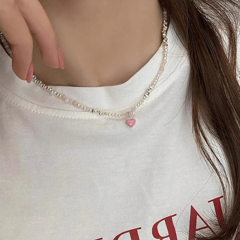 LIZAKOSHT Korea Silver Color Acrylic Beads Pearl Strand Choker Necklaces for Women Pink Color Enamel Love Heart Pendant Necklace