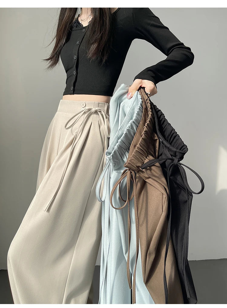 LIZAKOSHT  -  New Spring Summer Buttons High Waist Wide Leg Pants for Women High Waist Lace-up Straight Loose Full Length Trousers Female