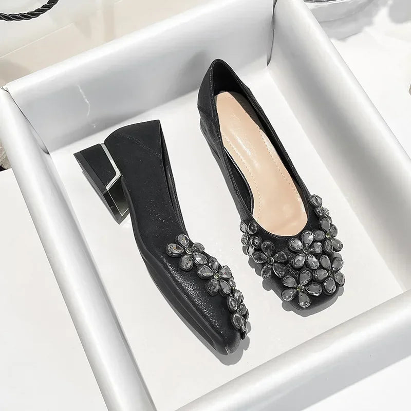 LIZAKOSHT  -  Crystal Flower Designer Women Shoes Chunky Elegant Dress Shoes Shallow Comfort Fashion Diamond Pumps Women Zapatos De Mujer