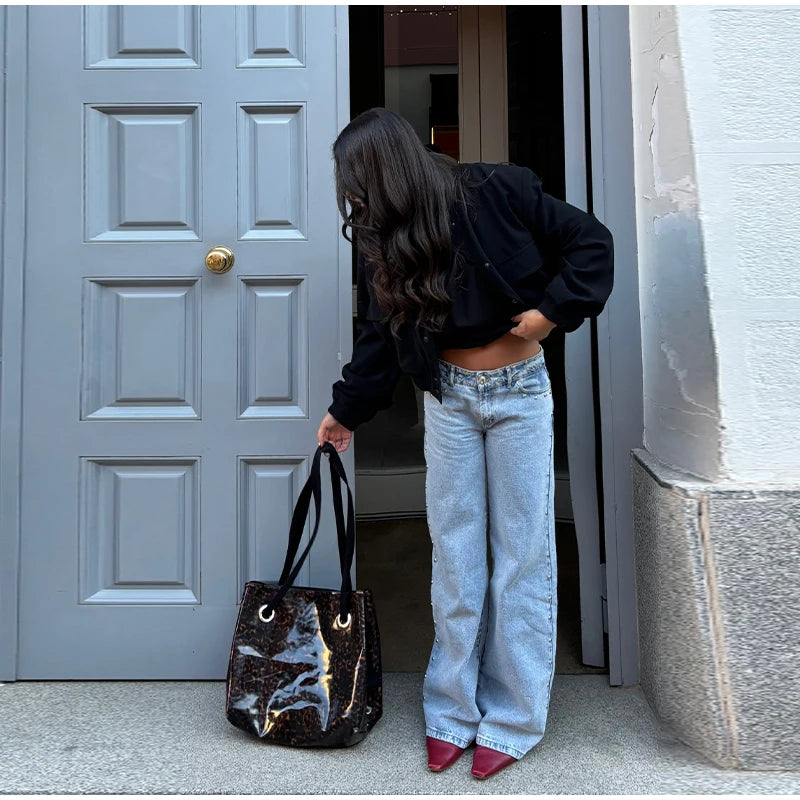 LIZAKOSHT  -  Chic Diamonds Leopard Pentagram Pants For Women Straight-leg Ankle-length Pocket Jeans 2025 Spring Summer Female Casual Trousers