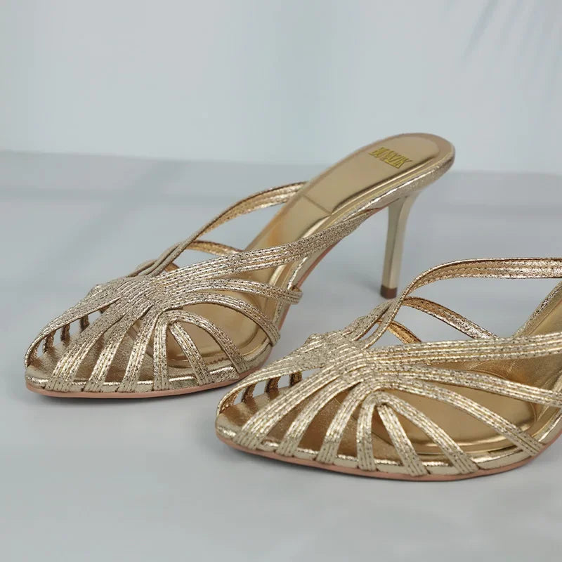 LIZAKOSHT  -  Summer Hollowed Out High Heels Mules Shoes for Women Luxury Golden Cross Woven Design Formal Party Brand Ladies Modern Sandals