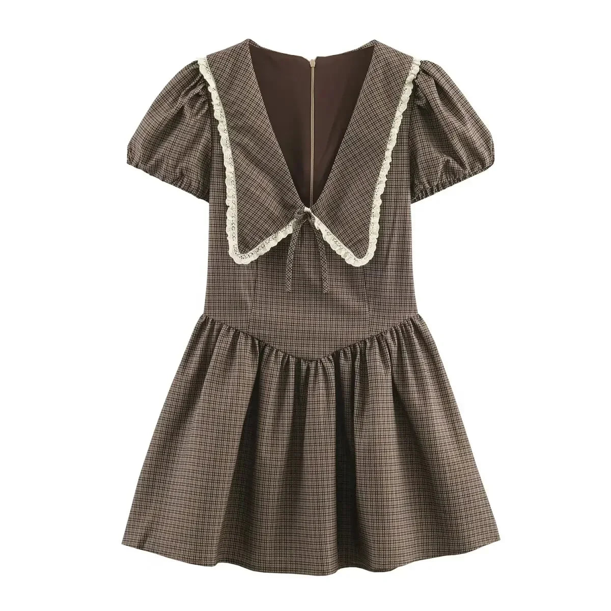 LIZAKOSHT  -  Plaid Waist Cinched Mini Dress Casual V-neck Short Sleeved Lace Up Slim Fit A-line Women Dresses Lady Daily Commute Vestido