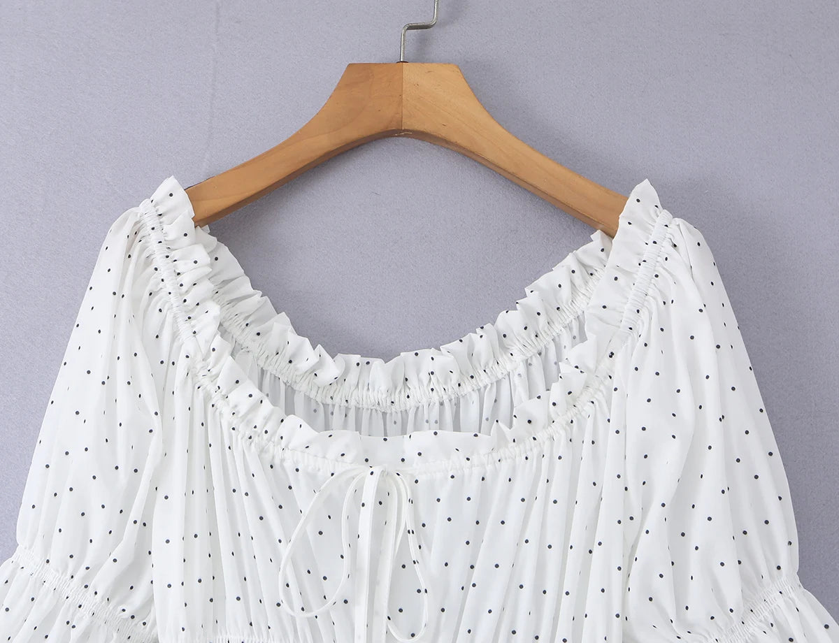 LIZAKOSHT  -  Dot Print Wood ears Ruched Chest Bow U collar Puff Sleeve Dress Elastic High Waist Pleated Swing Midi Dresses Holiday Robe