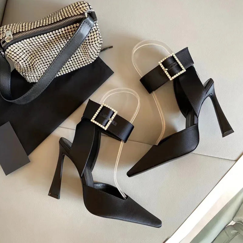 LIZAKOSHT  -  Sexy Fine High Heels Women Pointed Designer Sandals Ankle Strap Rhinestone Square Buckle Sling Back Pumps Sandalias Mujer