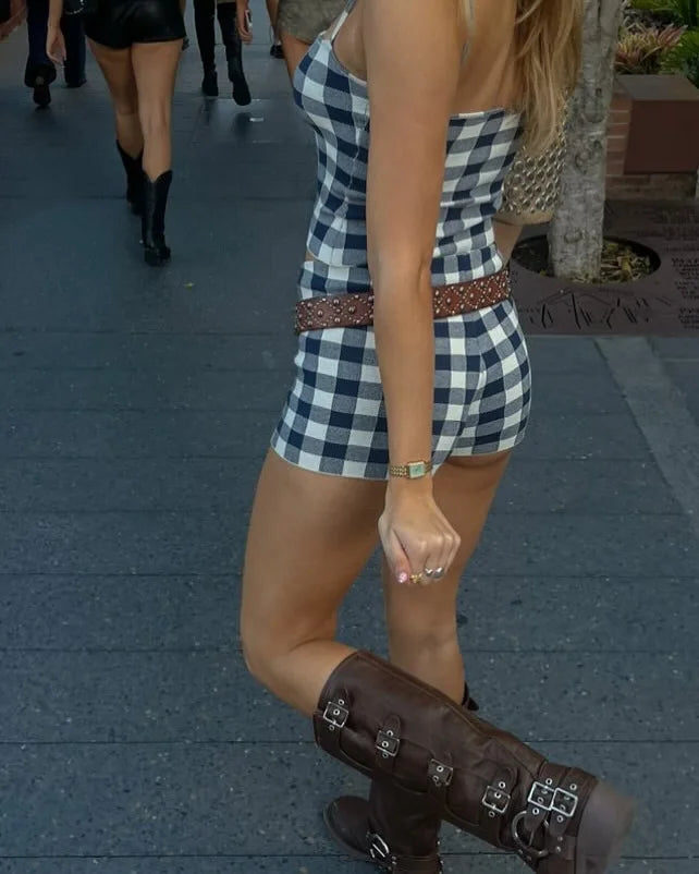 LIZAKOSHT  -  Women's Knitted Shorts 2-Piece Set Sexy Plaid Halter Top Casual Shorts Set Retro Streetwear Party Vacation Shorts Set