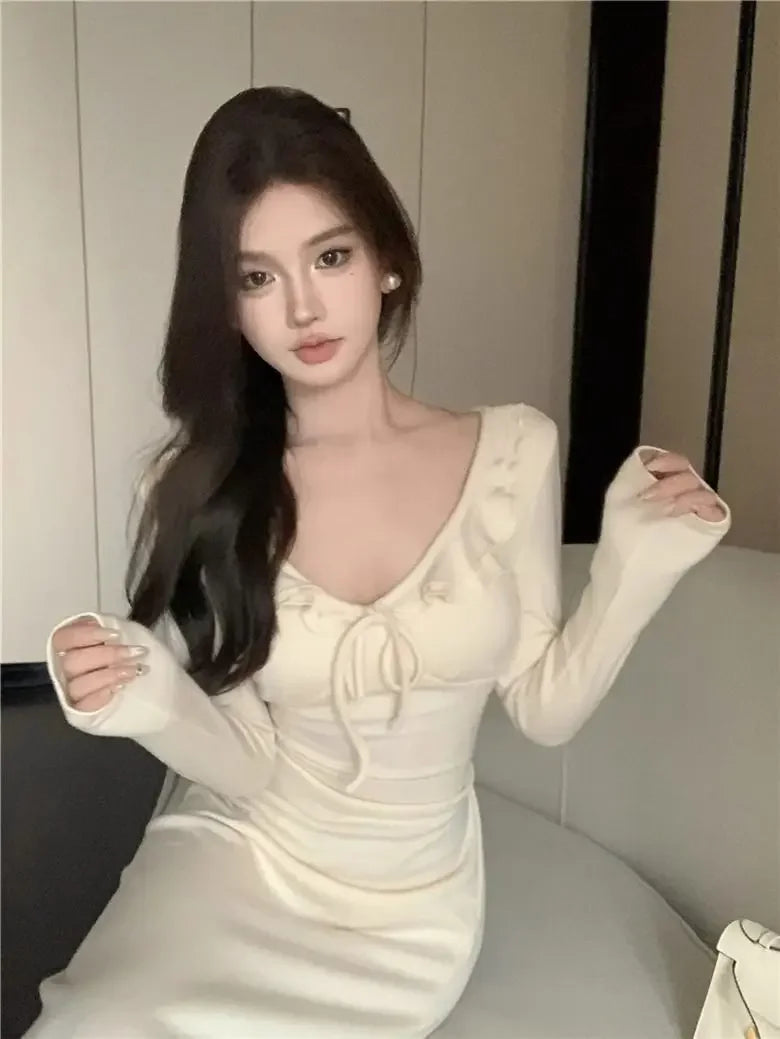 LIZAKOSHT  -  V-neck Lotus Leaf Dress Women's Strappy Waist Long-sleeved Gentle Style A-line Long Skirt