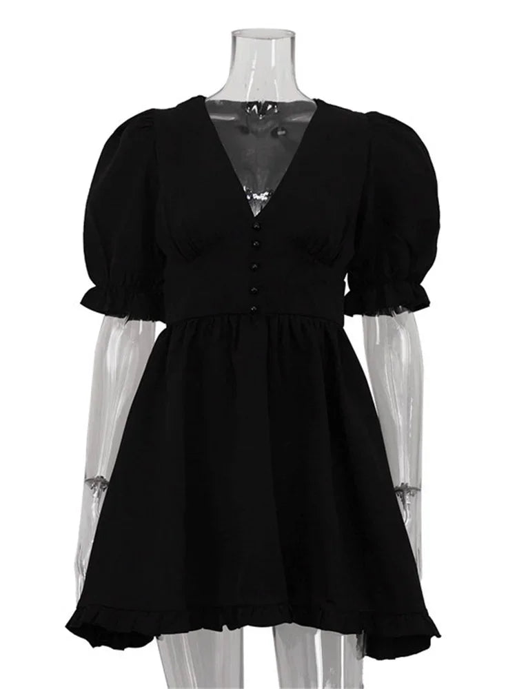 LIZAKOSHT  -  Summer Black V-Neck Mini Dress For Women Ruffled High Waist Slim Commute Elegant Party Dress Female Solid Bodycon Dress