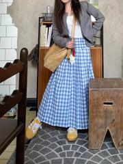 LIZAKOSHT  -  Oversize Sweet Blue Plaid Skirt for Women Early Autumn New High Waist Skirts Y2k Mid-length Loose A-line Faldas Mujer