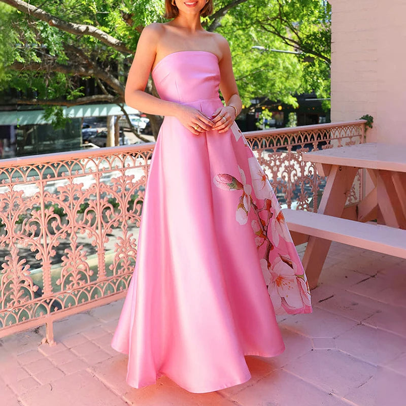 ﻿LIZAKOSHT  -  Luxury Tube Tops Sleeveless Evening Dress Female High Waist A-line Dress Elegant Silk Satin Bridesmaid Floral Print Dress Women