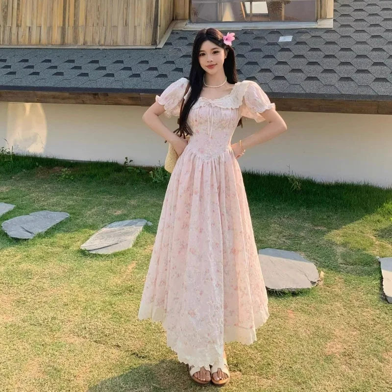 LIZAKOSHT  -  Sweet Print Floral Women Dresses Puff Sleeve Beach Style Elegant Long Dress Korean Fashion Vintage Vestidos Mujer