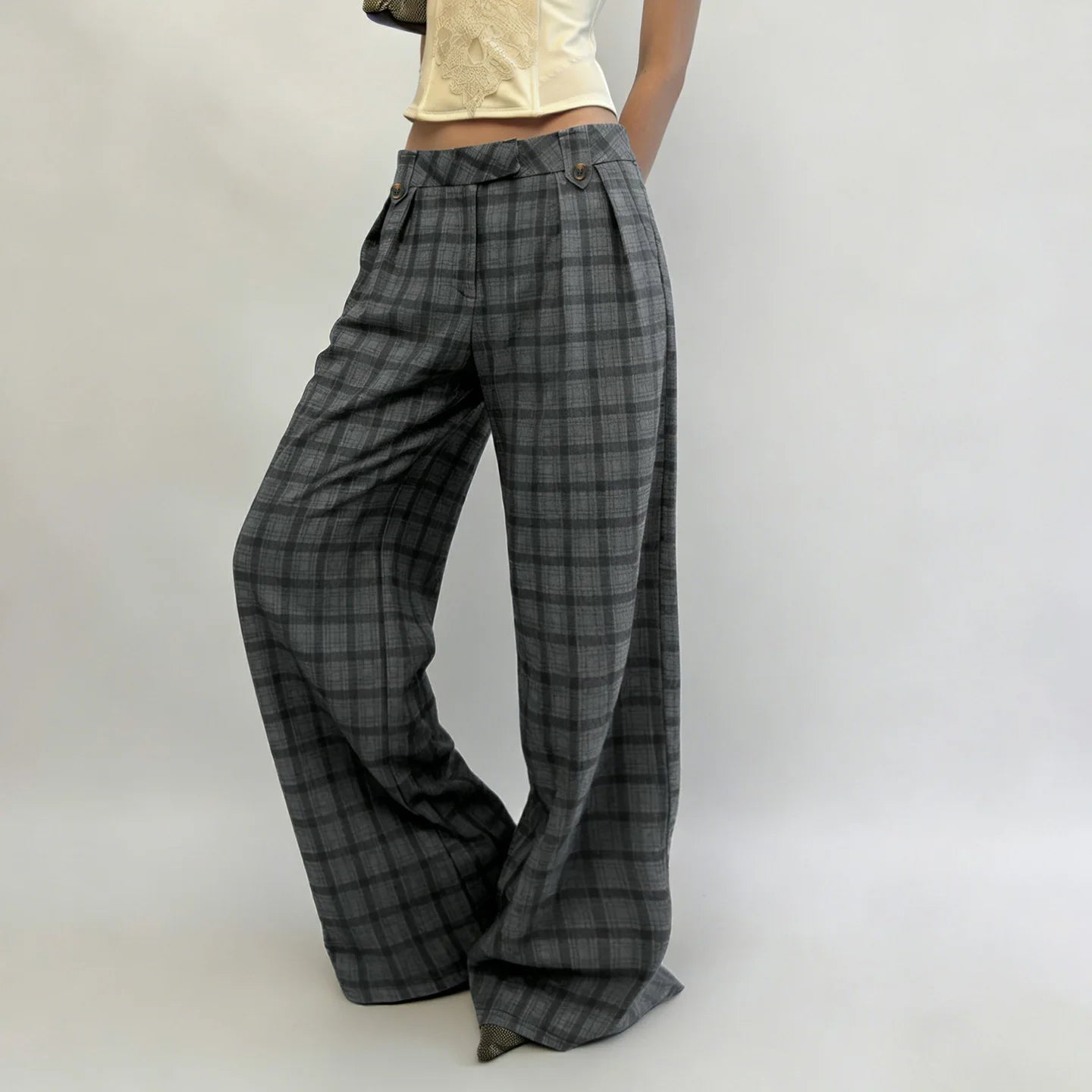 LIZAKOSHT  -  American Street Style High Waist Plaid Print Straight Casual Pants Spice Girl Design Sense Casual Versatile Knitted Suit Pants
