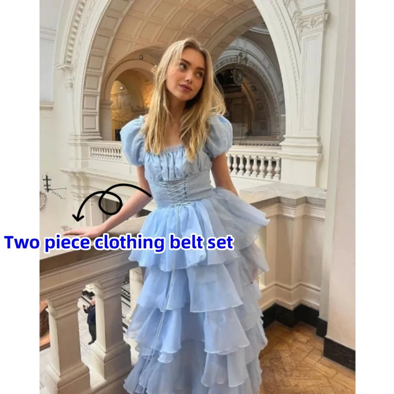 LIZAKOSHT  -  Fashion Lady Sky Blue Tiered Skirt Prom Dress Puff Short Sleeves Lace Up Formal Party Evening Gown Teen Birthday Vestidos