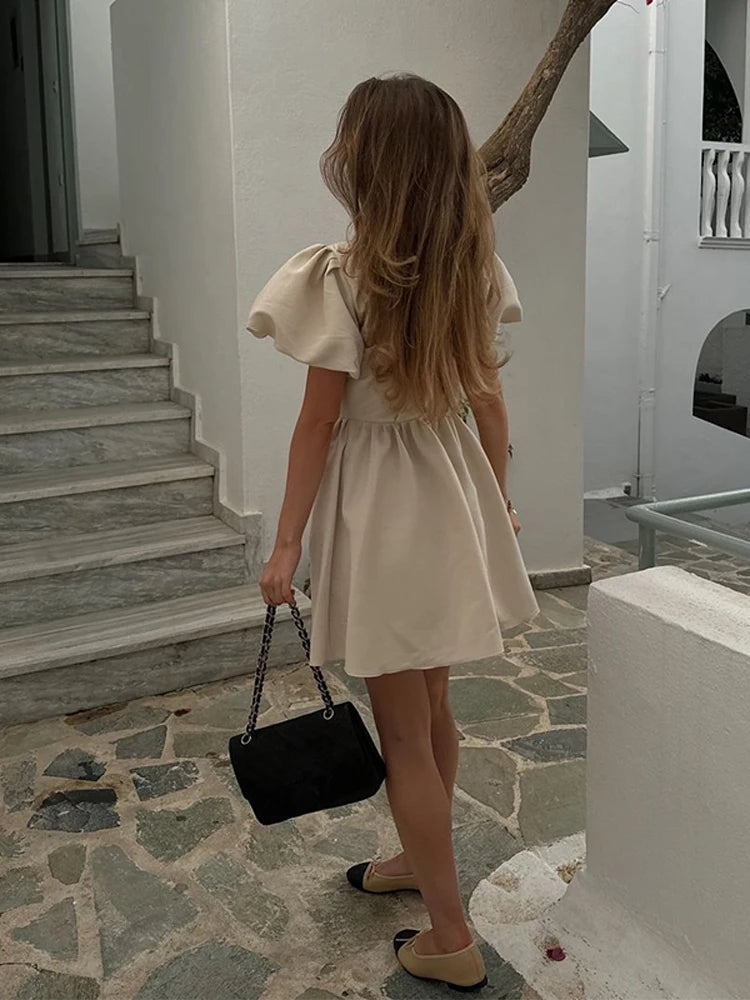 LIZAKOSHT  -  Sweet Solid Puff Short Sleeve Women Mini Dress Elegant V-neck Backless Pleated A-line Dresses 2024 Summer Lady Party Club Robes