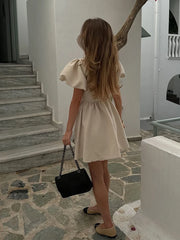 LIZAKOSHT  -  Sweet Solid Puff Short Sleeve Women Mini Dress Elegant V-neck Backless Pleated A-line Dresses 2024 Summer Lady Party Club Robes