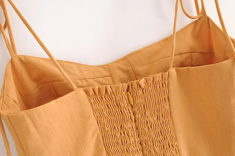 LIZAKOSHT  -  Sexy Solid Yellow Corset Style Bow Lacing up Strap Sling Dress Retro French Style Women Hem Slit Midi Long Dresses Holiday Robe