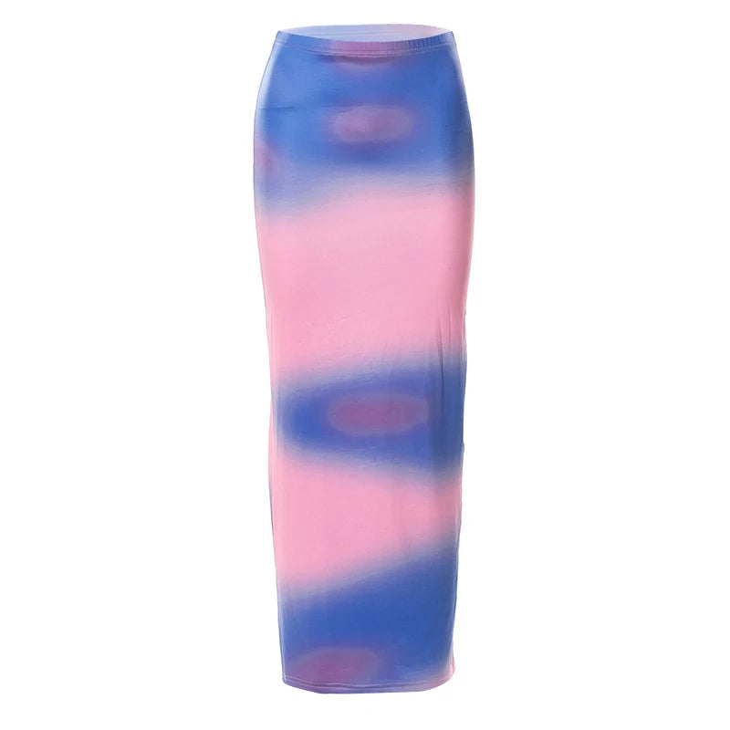LIZAKOSHT  -  Fashion y2k Maxi Skirt Summer Women Contrasting Color Tie Dye Print High Waist Bodycon Skirt Sexy Party Skirts Streetwear