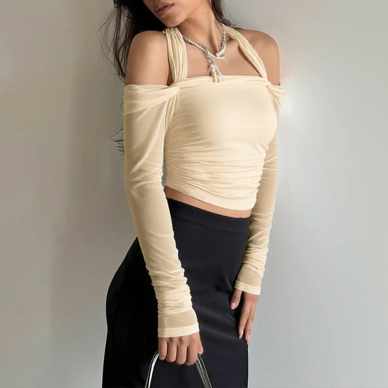LIZAKOSHT  -  Hot Sexy Halter Ruched Women Skinny T-shirts Off Shoulder Solid Color Long-sleeved Autumn Streetwear Club Top Clothing