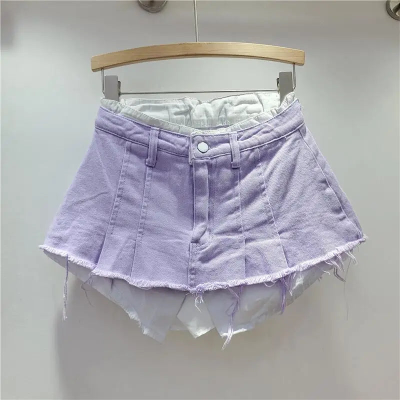 LIZAKOSHT  -  Trendy Women Denim Mini Skirt High Waist Fake Two Piece A Line Irregular Hem Autumn Fashion Skirt