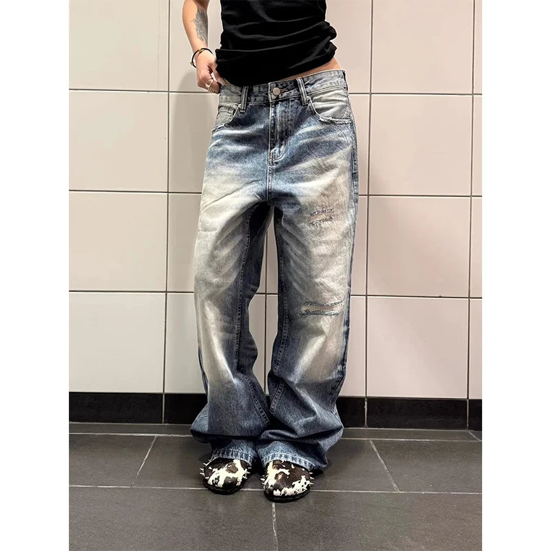  LIZAKOSHT  -  Blue Vintage Y2k Women Jeans Wash Harajuku Low Waist Japanese 2000s Style Denim Pants Baggy American Streetwear Summer
