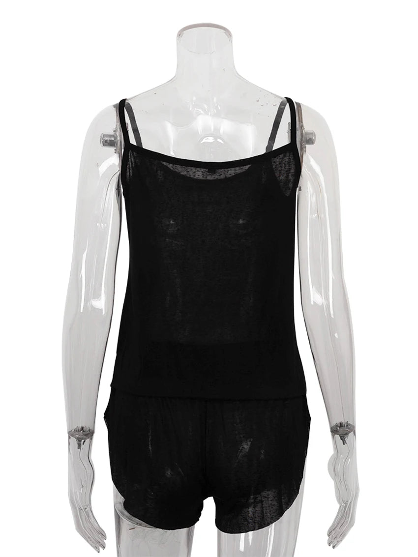 LIZAKOSHT  -  Loose Ladies Sleepwear 2 Piece Set Spaghetti Strap Pajamas Tank Tops Nightgowns Shorts Causal Female Nightwear Suits