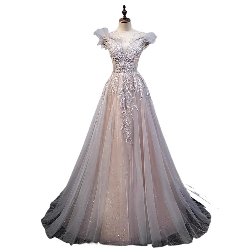 LIZAKOSHT  -  Evening Dress Female New Style Temperament Colorful Yarn High End One Shoulder Tail Host Dreamy Forest Series Vocal Art Exam