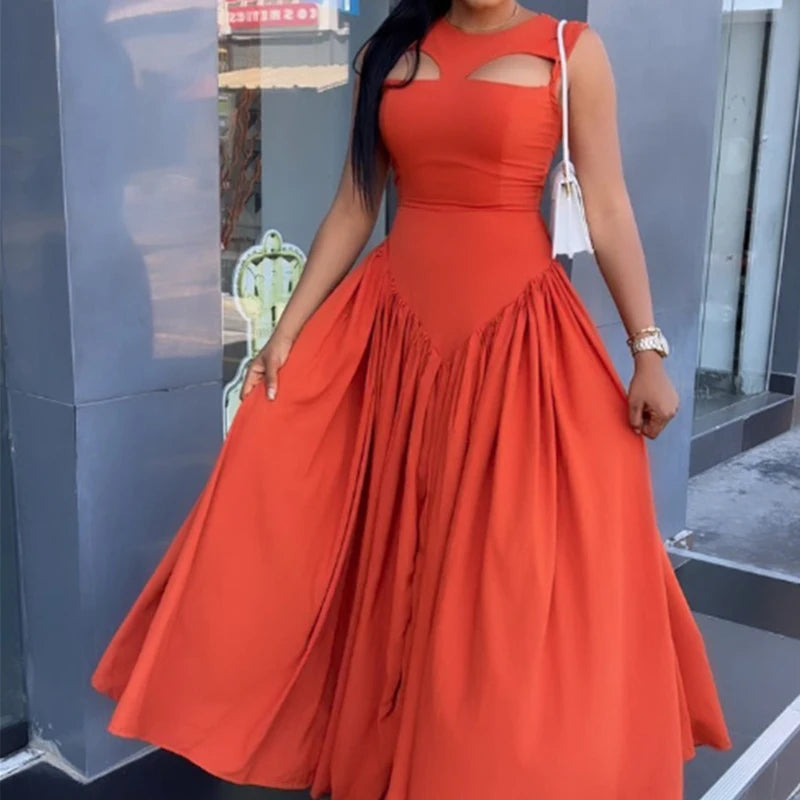 LIZAKOSHT  -  Women O Neck Summer Sleevelss Cut Out Low Waist Elegant Holiday Party Pleated A Line Sundress Chic Elastic Femme Maxi Robe