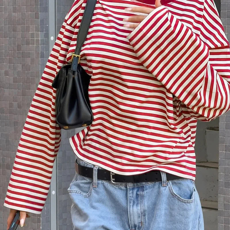 LIZAKOSHT  -  Casual Striped T-shirts for Women 2025 Autumn O-neck Long Sleeve Loose Tops Tees Female Contrast Color T Shirt Streetwear