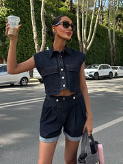 LIZAKOSHT  -  Fashion Women Pajamas Suit Turn-Down Collar Sleepwear Crop Top Nightie Sleeveless Nightwear Shorts Ladies Pyjamas Set