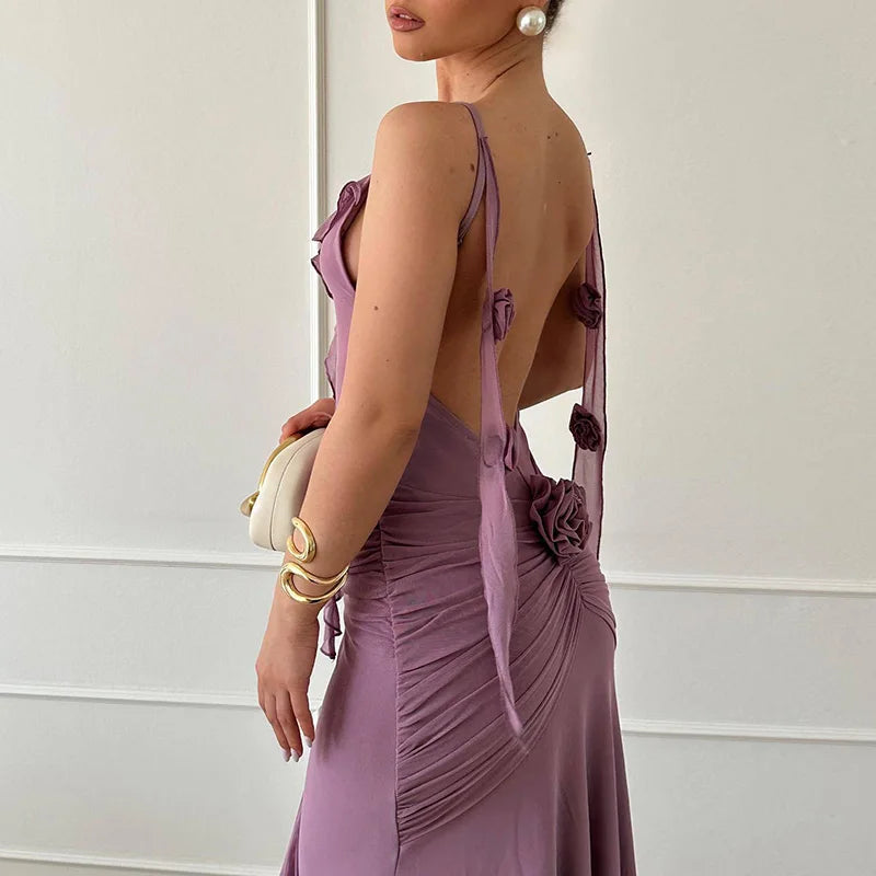 LIZAKOSHT  -  Ladies Sexy Deep V Neck Ruffle Slim Bodycon Dress Spring Solid Flower Draped Party Dress Summer Backless Straps Long Dress Mujer