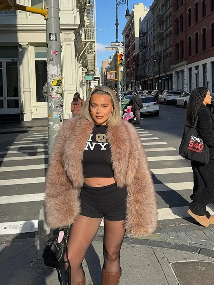 LIZAKOSHT  -  Women Solid Faux Fur Short Coat Elegant Long Sleeve Fluffy Loose Cropped Jacket Lady New Winter Warm High Street Outerwear 2025