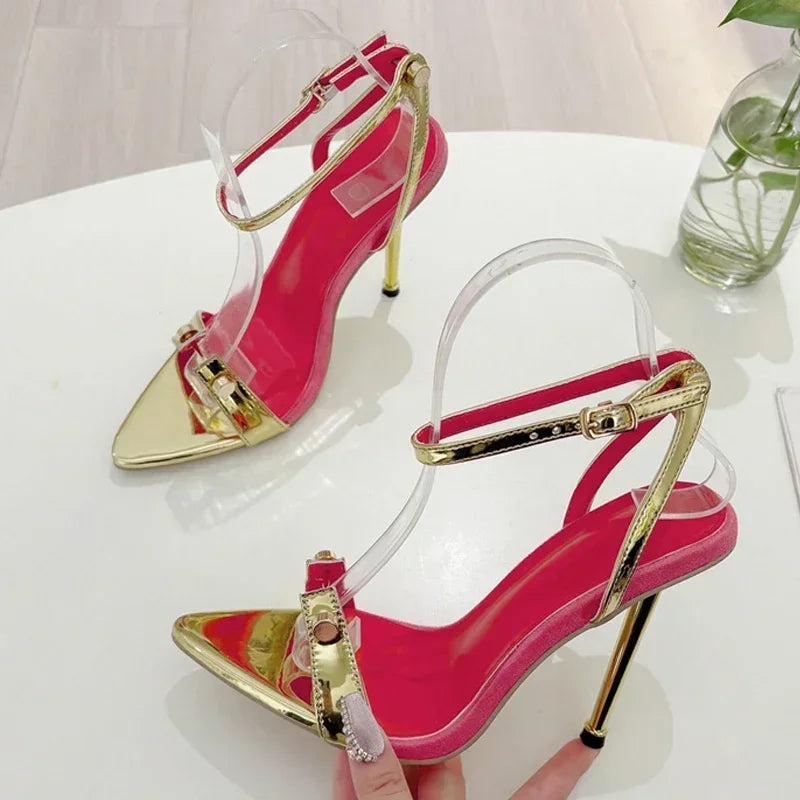 LIZAKOSHT  -  Luxury Designer Sexy Rivets Thin High Heeled Sandals Women 2025 Pointed Toe Ankle Strap High Heels Wedding Banquet Women Shoes
