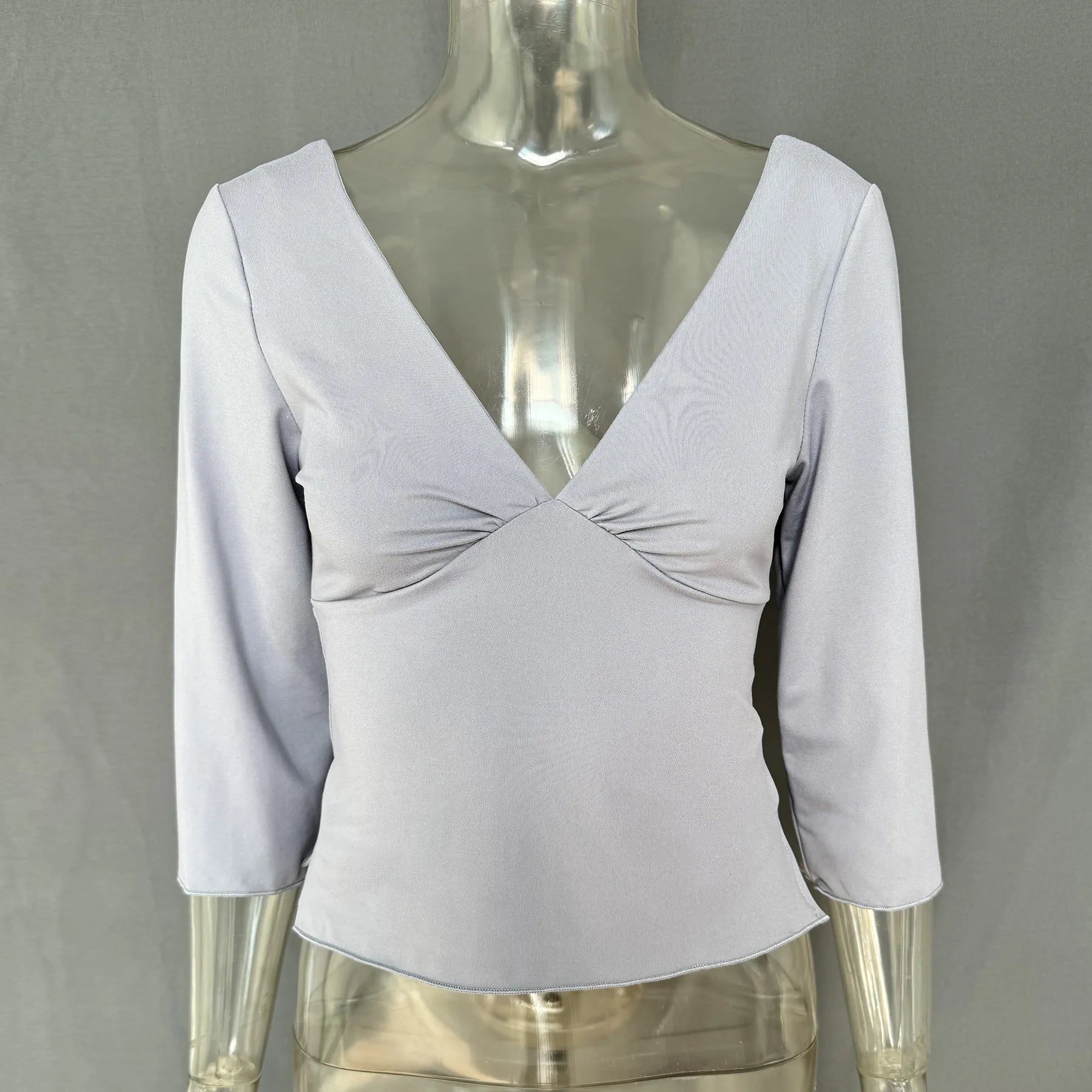 LIZAKOSHT  -  Summer Solid Slim Long Sleeve Women's Tops Sexy Deep V-neck Ruched Backless Crop Tops T-shirts Y2k Top Female Chic Tanks