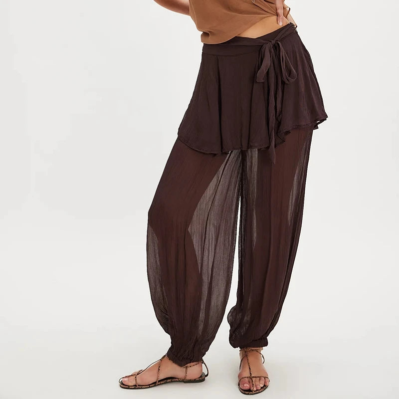 LIZAKOSHT  -  Women's Long Bloomers Layered Skirted Pants with Belt Tied Sheer Balloom Mid Rise Sheer Slips Bubble Culottes Bottoms