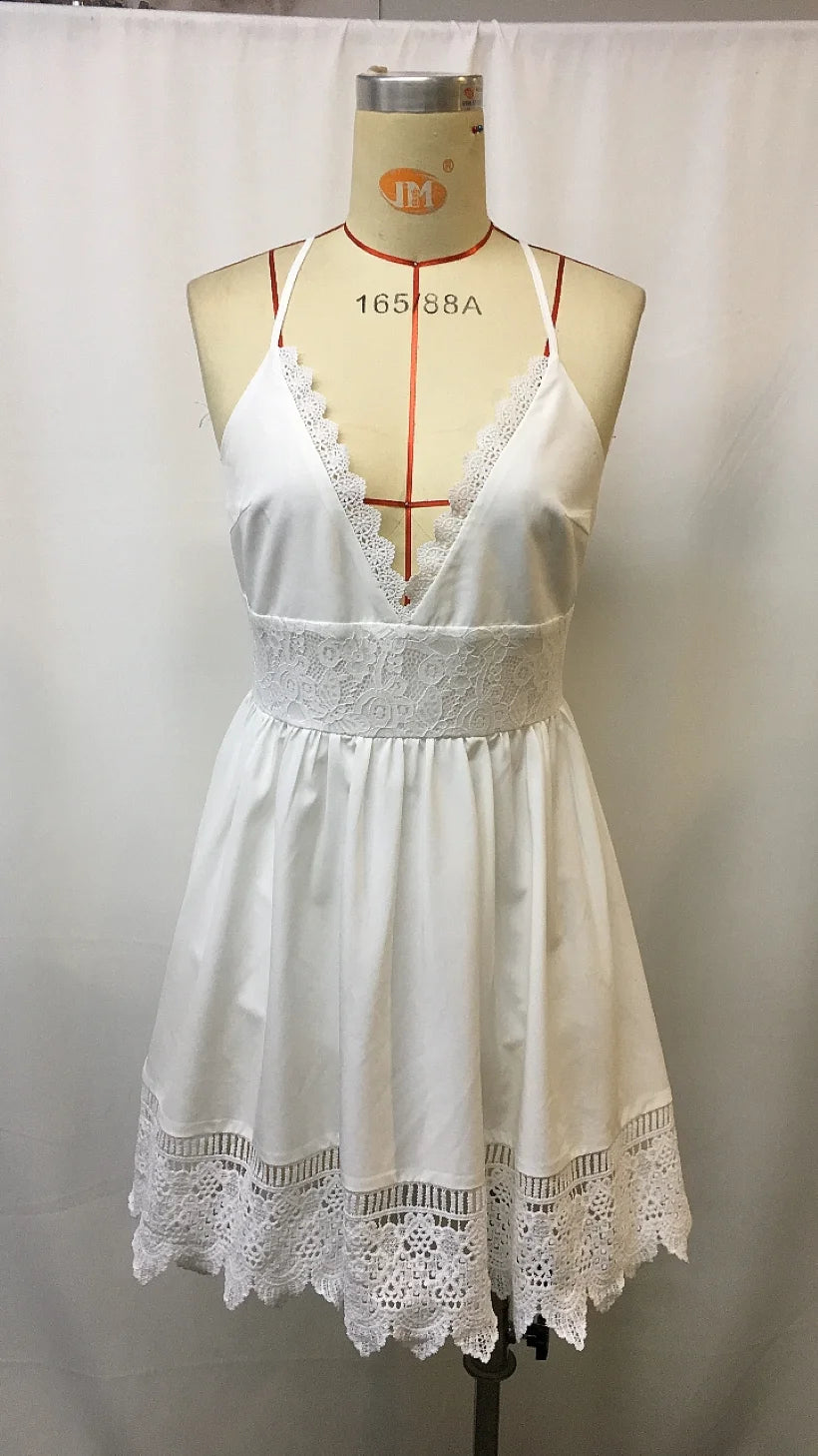 LIZAKOSHT  -  Elegant Bohemian White Lace Dress V Neck Suspender Midi Bridal Guest Party Wear Summer Wedding Reception Formal Evening Gow