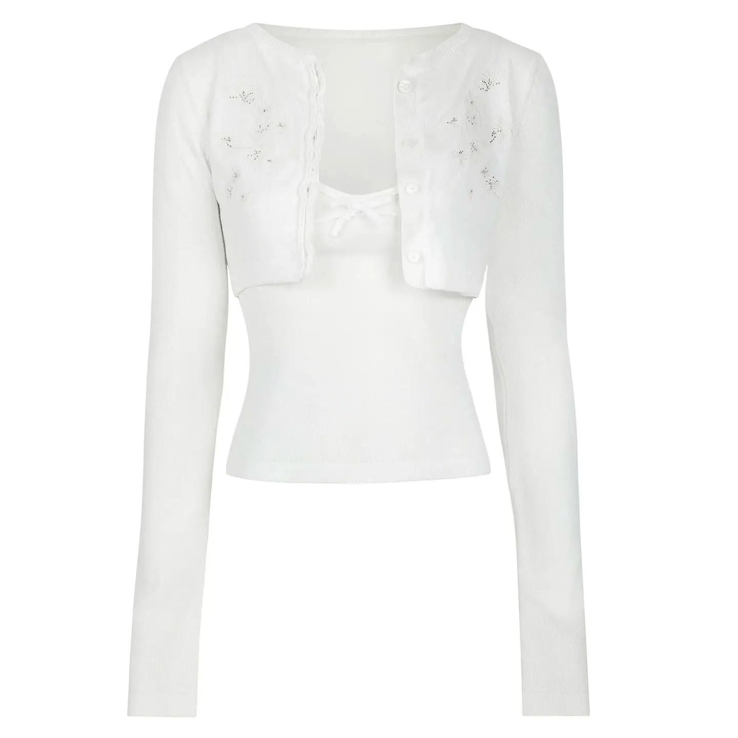 LIZAKOSHT  -  Spring Summer Korean All Match Two Piece Sets Sweet Lace Knitted Hollow Out Short Cardigan Y2k Bow Appliques Basic Slim Tanks