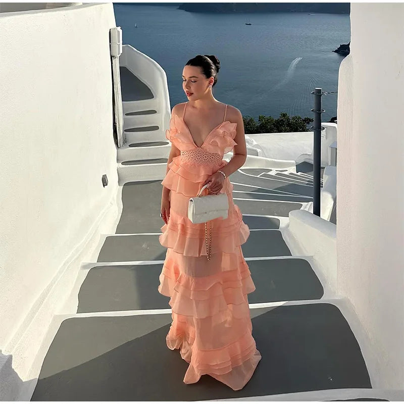 LIZAKOSHT  -  Cascading Ruffle Slip Women's Dress V-neck Sleeveless Hollow Out Waist Cinching Evening Party Dresses 2025 Summer Elegant Robe