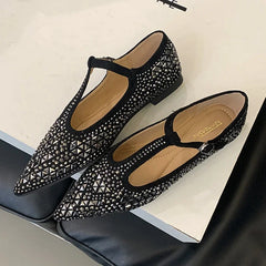 LIZAKOSHT  -  Luxury Designer Flats Mary Jane Shoes Bling Pointed Toe T-Strap Soft Sole Women Shoes Shallow Comfort Dress Shoes Zapatos Mujer