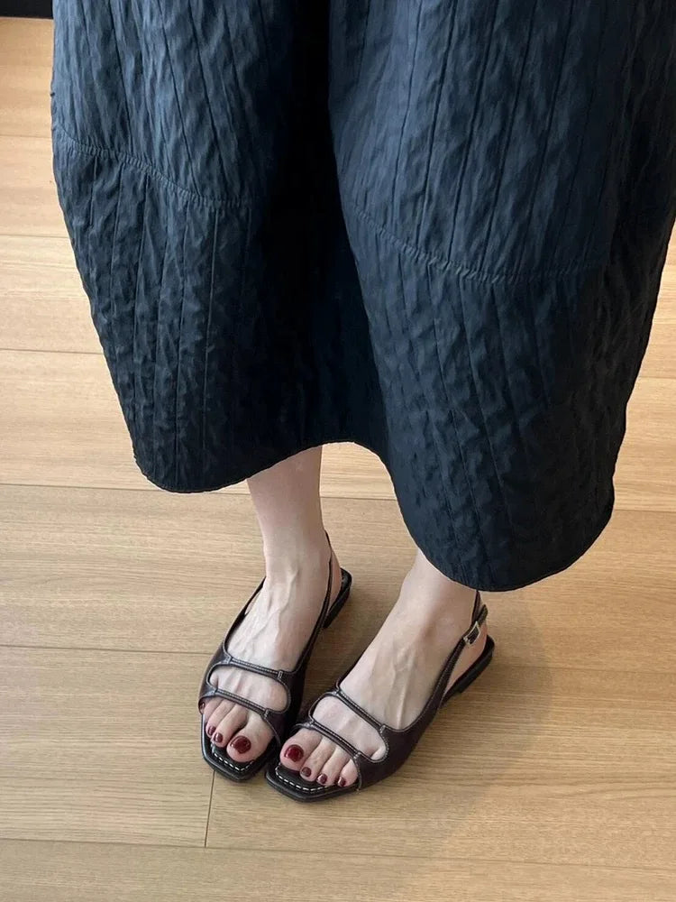 LIZAKOSHT  -  Designer Retro Summer Buckle Sandals French Elegant Women Flat Sandals Beach Square Toe Roman Shoes Ladies