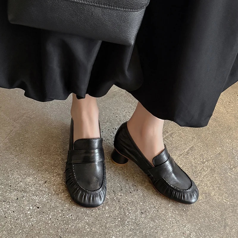 LIZAKOSHT  -  Fashion Loafers Women's New High Quality Genuine Soft Leather Shoes Round Head Ruched  High Heels Casual Shoes Women