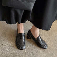 LIZAKOSHT  -  Fashion Loafers Women's New High Quality Genuine Soft Leather Shoes Round Head Ruched  High Heels Casual Shoes Women