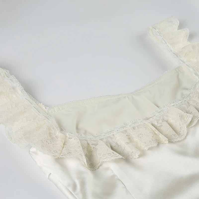 LIZAKOSHT  -  Women Elegant Lace Ruffles Trim Square Collar Sundress White Sleeveless A-line Short Dress Summer High Street Outfits