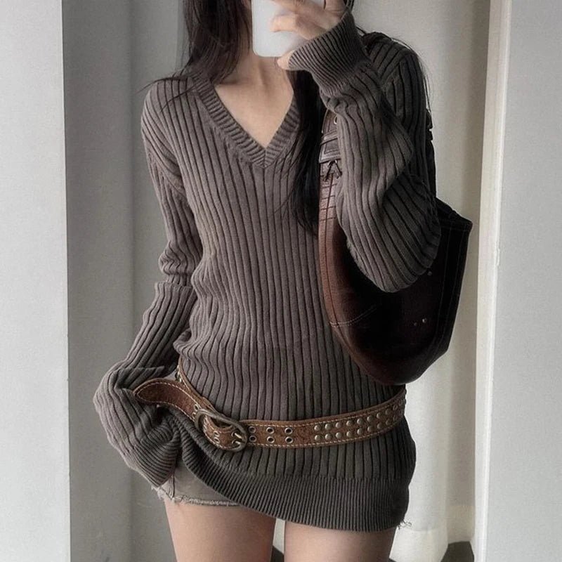 LIZAKOSHT  -  Vintage V Neck Knitted Sweaters Women Fall Winter Hotsweet Slim Fit Long Sleeve Pullovers American Retro Solid Lazy Wind Jumpers