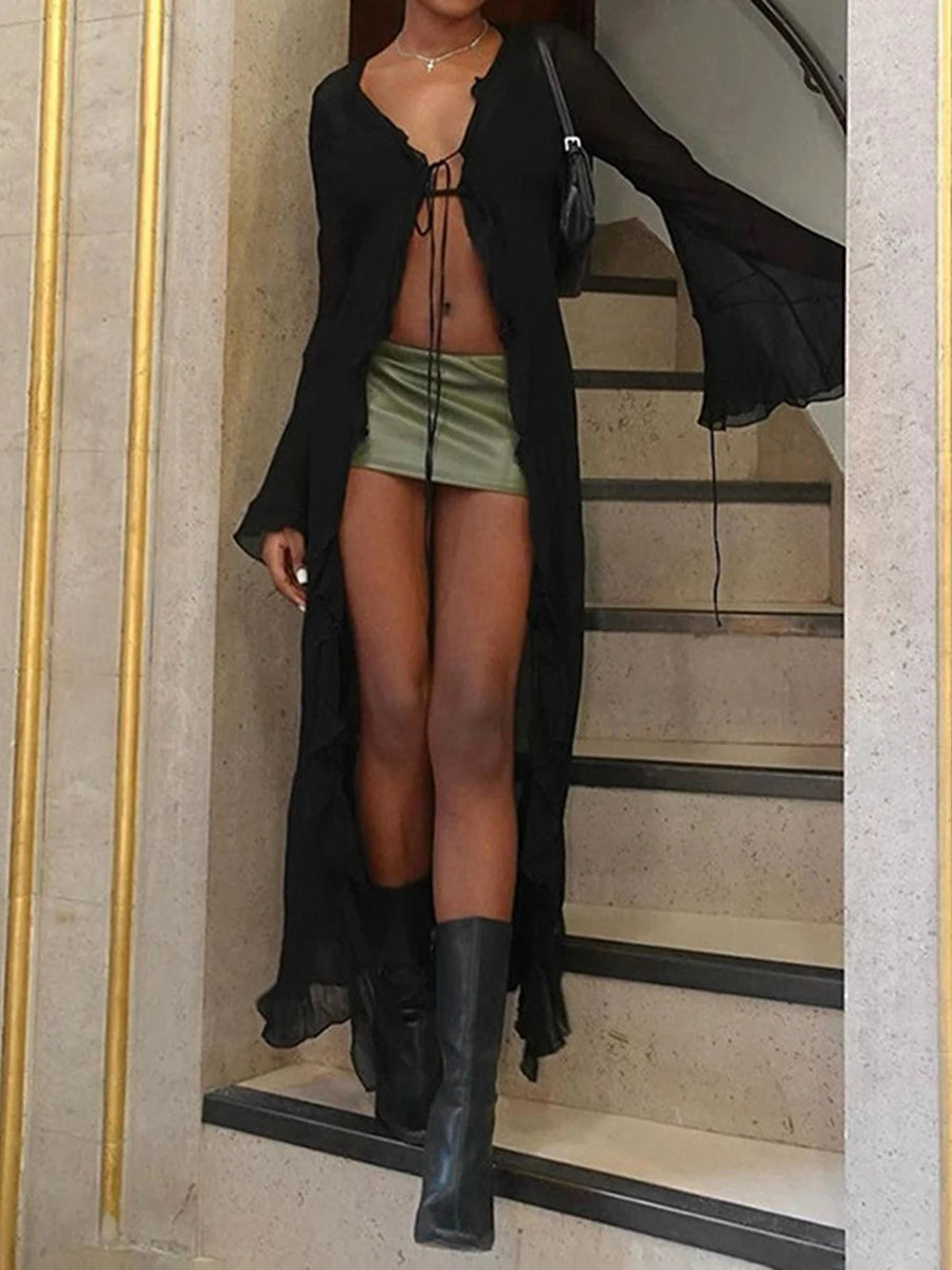 LIZAKOSHT  -  Women's Tie Up Long Cardigans Black Mesh Sheer Cover-ups See-Through Flare Long Sleeve Ruffle Trim Bandage Robes