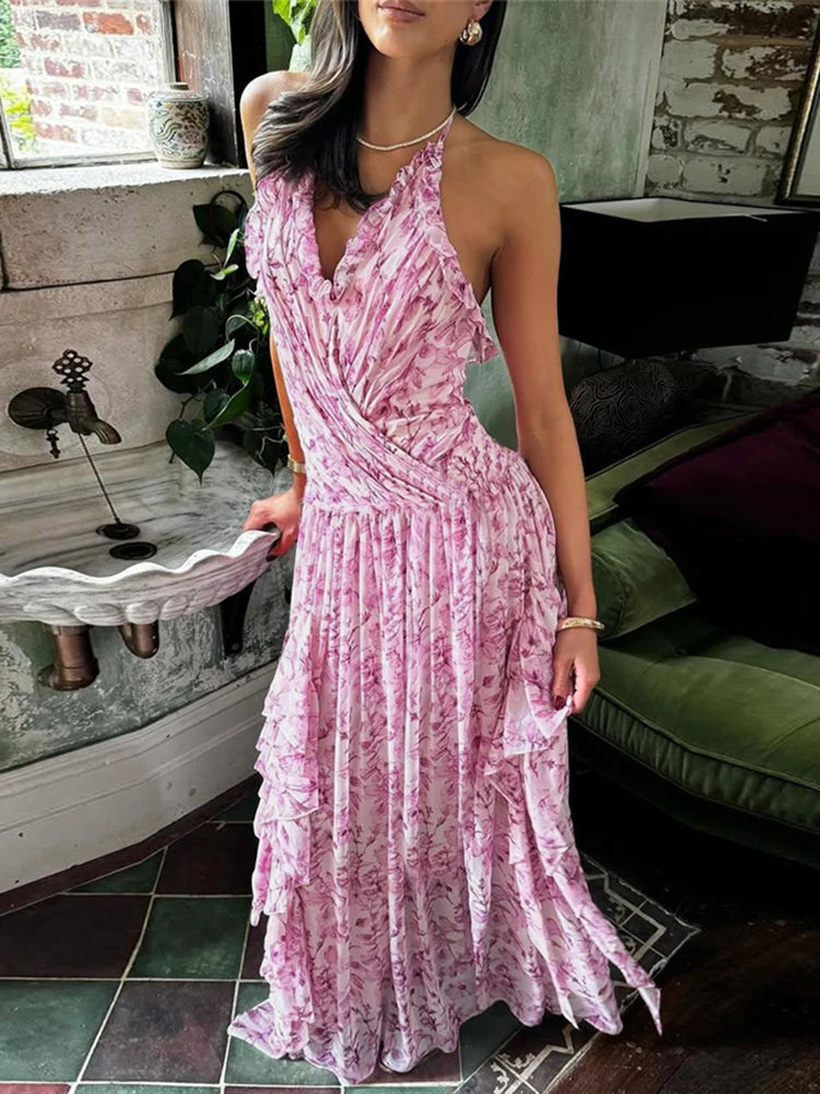 LIZAKOSHT  -  Pleated Trim Dresses Women Hipster Popular Halter V-neck Stacked Irregular Maxi Bodycon Mujer Elegant High Street Frock